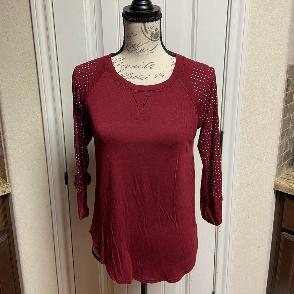Cover Stitched Rhinestone Sleeve Top